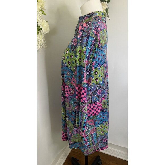 Loll Ease Midi Dress Slinky Patchwork Print Dress Lounging Robe S/M Front Zip GC - Picture 4 of 16